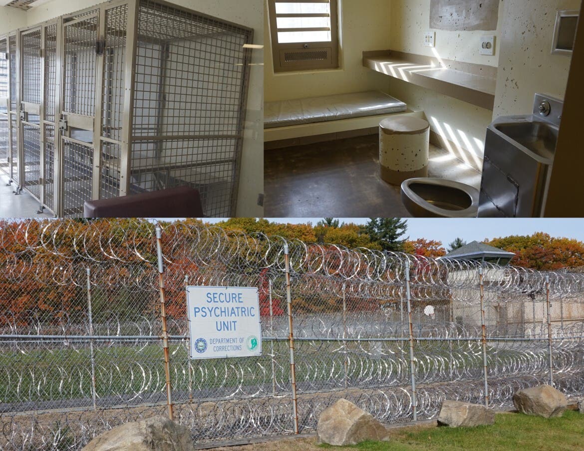 The Secure Psychiatric Unit of the State Prison for Men in Concord. Top left photo shows metal booths where some mentally ill patients receive group therapy. Top right shows a typical cell at SPU. Below photo shows the prison fencing outside the unit.