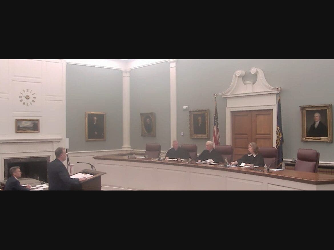 Chief Justice MacDonald, center, and Associate Justices Patrick Donovan and Melissa Countway are pictured Tuesday during oral arguments.