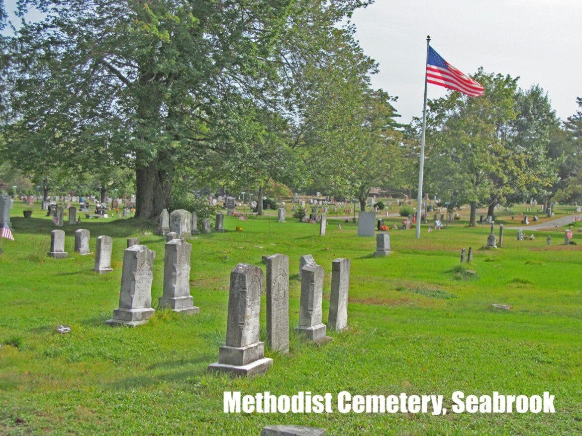 The Methodist Cemetery, also known as the Smithtown Methodist Cemetery, is located in Seabrook on Lafayette Road (Route 1). The cemetery contains the remains of many of Seabook’s early settlers and was placed on the NH Register of Historic Places in 2012.