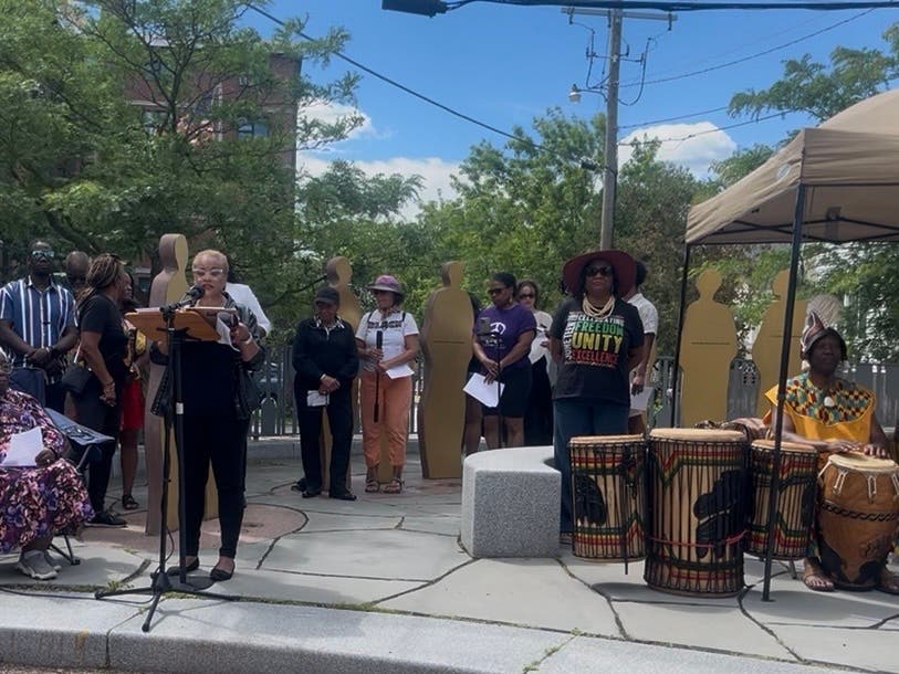 JerriAnne Boggis, executive director of the Black Heritage Trail of New Hampshire, speaks at the organization’s Juneteenth celebration Friday in Portsmouth.