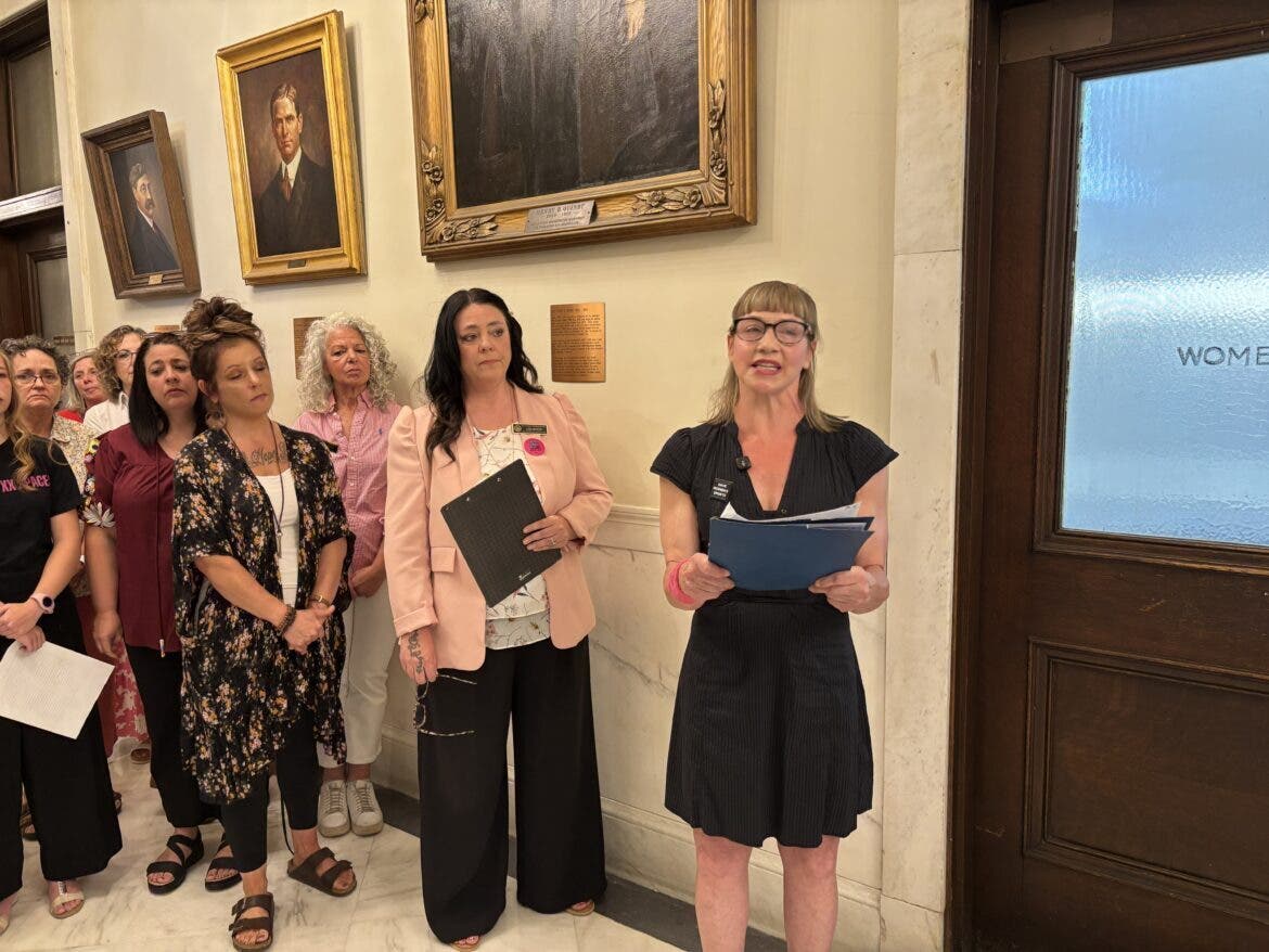 Bronwyn Sims of the Independent Women's Network is pictured speaking outside the Women's bathroom at the State House Wednesday urging Gov. Kelly Ayotte to sign the bathroom bill, but she vetoed SB 552 Friday.
