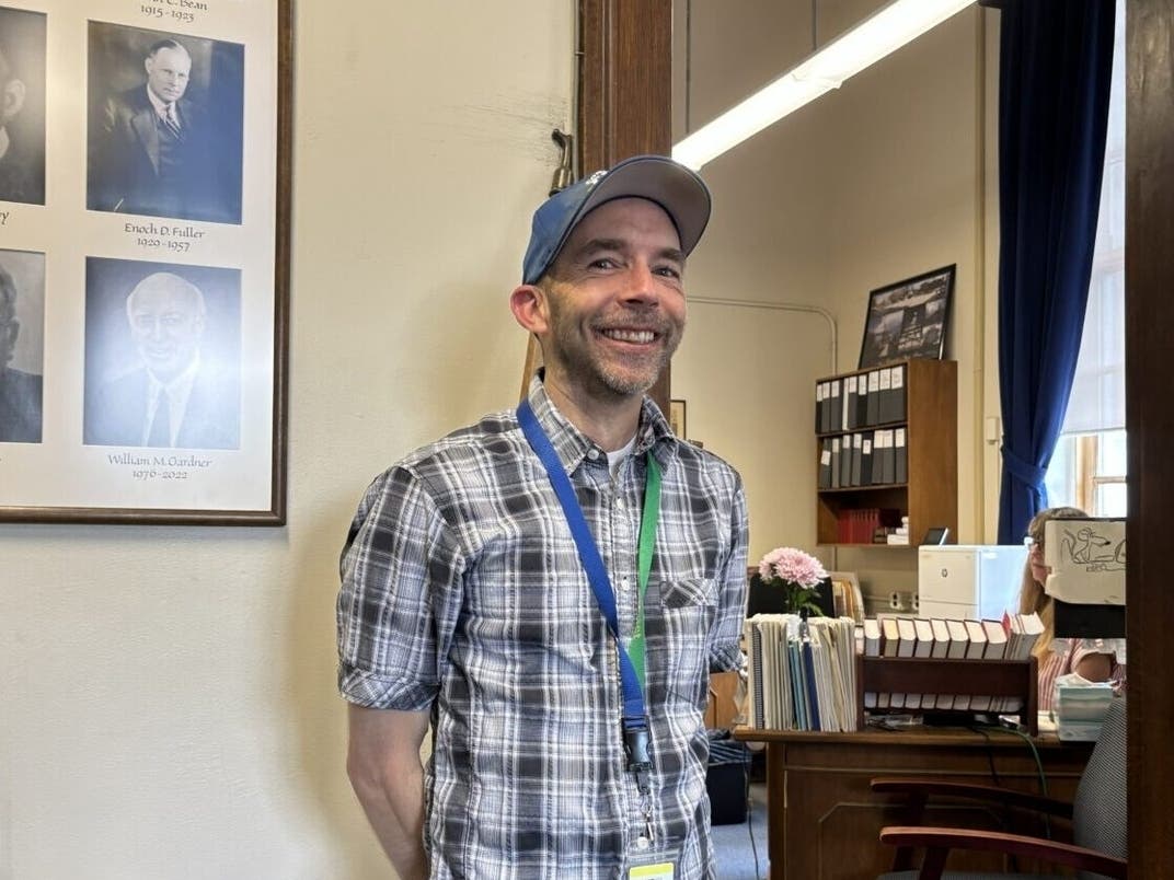 Michael O'Meara of Concord TV is pictured at the Secretary of State's Office Wednesday. O'Meara produced the video that features 50 people reading a passage from the Declaration of Independence for the 250th celebration.