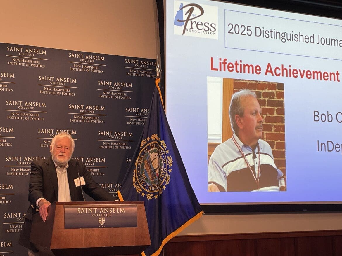Steve Taylor speaking about Bob Charest Thursday night at the Excellence in Journalism Awards Banquet. Charest received the New Hampshire Press Association Lifetime Achievement Award.