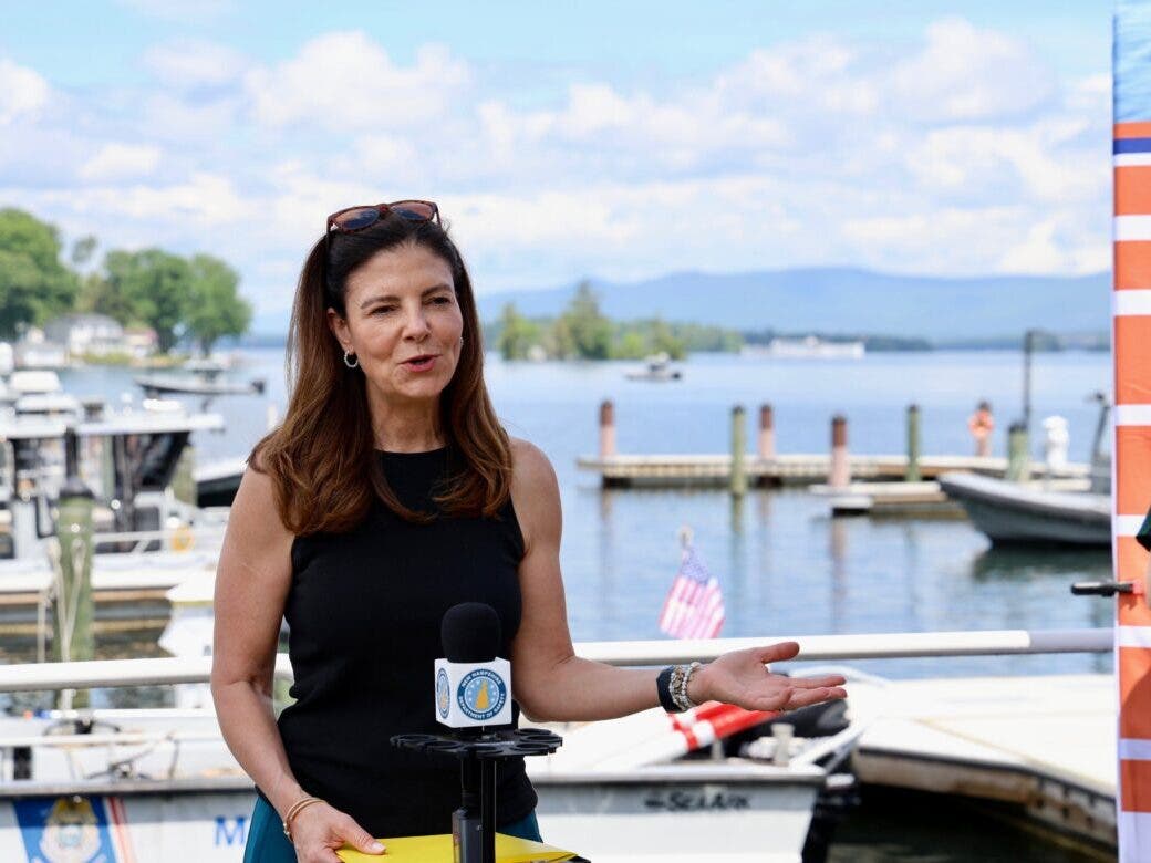 Gov. Kelly Ayotte is pictured speaking about boating safety last month in Gilford.