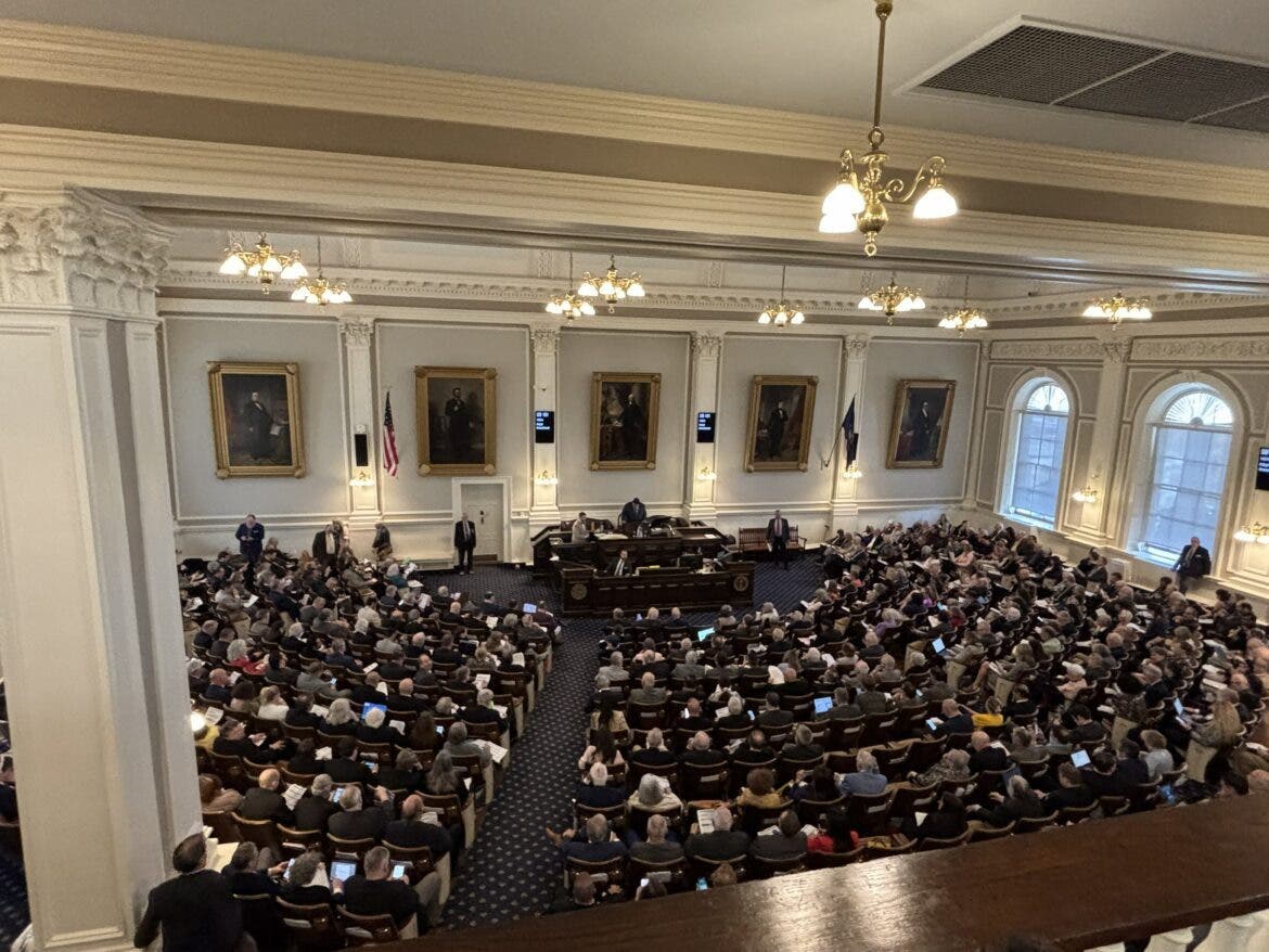 The New Hampshire House of Representatives is pictured in session in April.