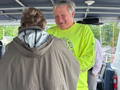 State Rep. Charlie St.Clair is pictured speaking with U.S. Sen. Jeanne Shaheen in Meredith in this file photo