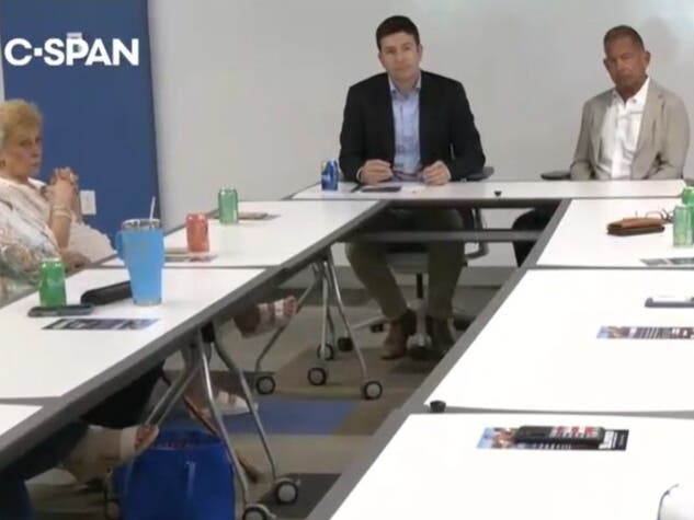Republican U.S. House candidate Anthony DiLorenzo, right, head of table, hosts election security discussion with Rep. Bryan Steil (R-WI) in Portsmouth, N.H. Sunday.
