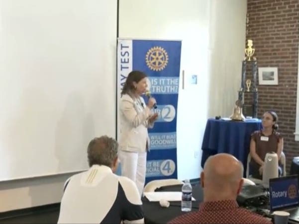U.S. Rep. Maggie Goodlander, D-NH, campaigns Tuesday speaking to the Concord Rotary Club.
