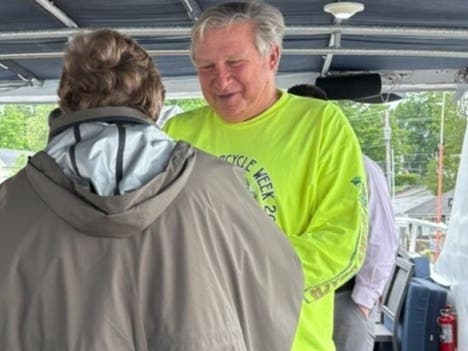 Rep. Charlie St.Clair is pictured speaking with U.S. Sen. Jeanne Shaheen in Meredith.