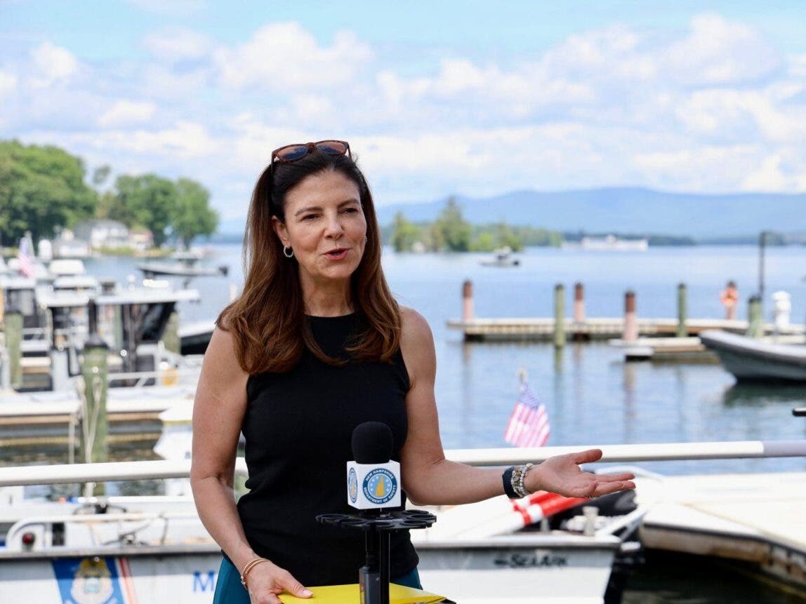 Gov. Kelly Ayotte is pictured speaking about boating safety in Gilford in this file photo.