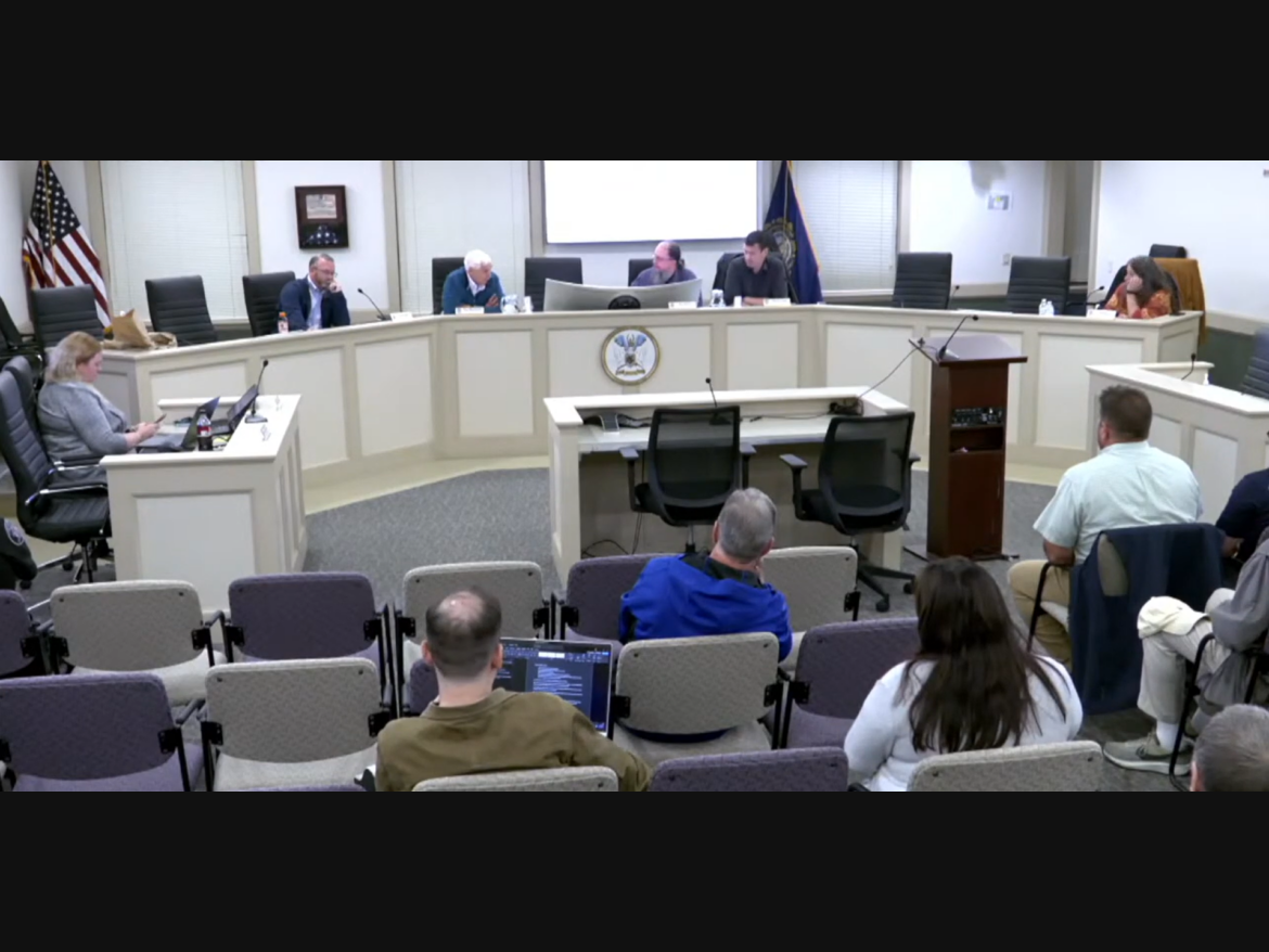 Town Council member Ted Combes, councilor Dan Bouchard, Chair Ron Dunn, Vice Chair Shawn Faber, and Councilor Deb Paul discuss Town Manager Shaun Mulholland's termination during Monday evening's meeting in this screenshot
