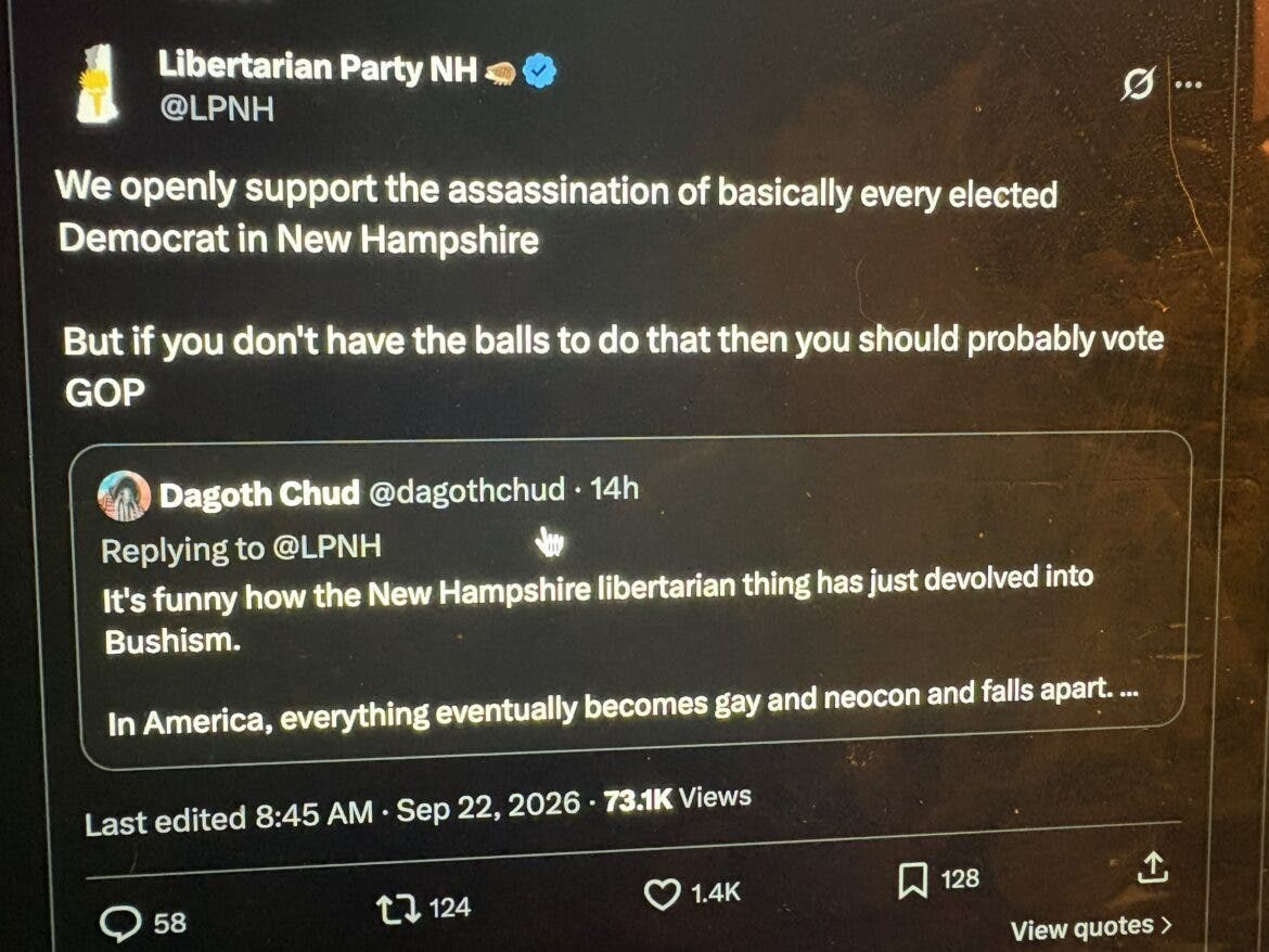 Screenshot of a post on the Libertarian Party of NH X account.