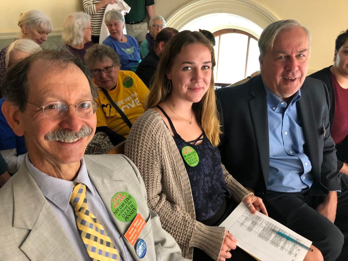 Pictured before the Senate voted May 30, 2019, to override Gov. Sununu’s veto of the death penalty repeal bill are Arnie Alpert, Grace Cushing, daughter of Renny Cushing, Rep. Renny Cushing, D-Hampton, and far right is daughter Elizabeth Cushing.