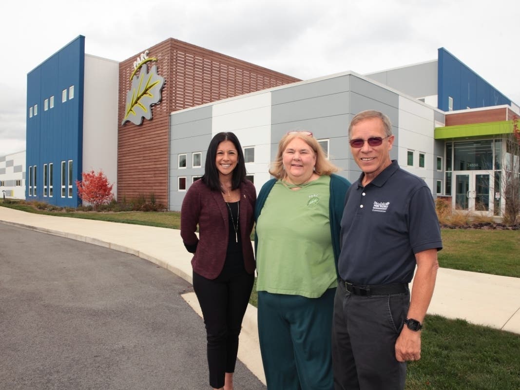 Will County Clerk Lauren Staley Ferry (left) is joined by Plainfield Park Board President Mimi Poling and Vice President Bill Thoman outside the Prairie Activity & Recreation Center (PARC). 