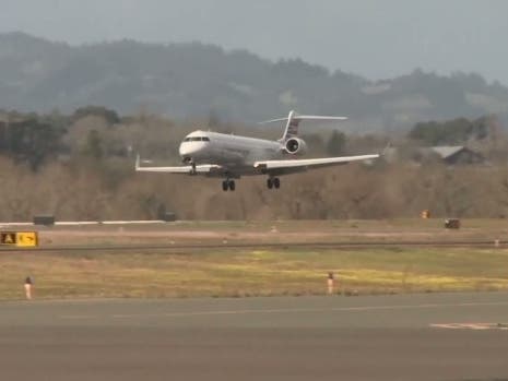 A plane lands at Charles M. Schulz Sonoma County Airport in Santa Rosa, California.