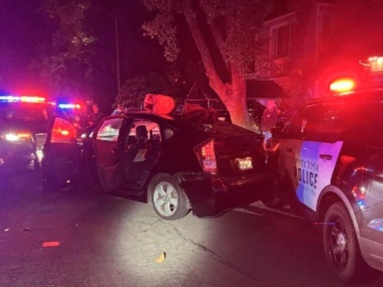 Scene following a pursuit off a suspected car thief in Santa Rosa on May 9, 2026. Police said Sergio Villalobos‑Espinoza, a man who was previously arrested for vehicle theft at least 13 times, was arrested.