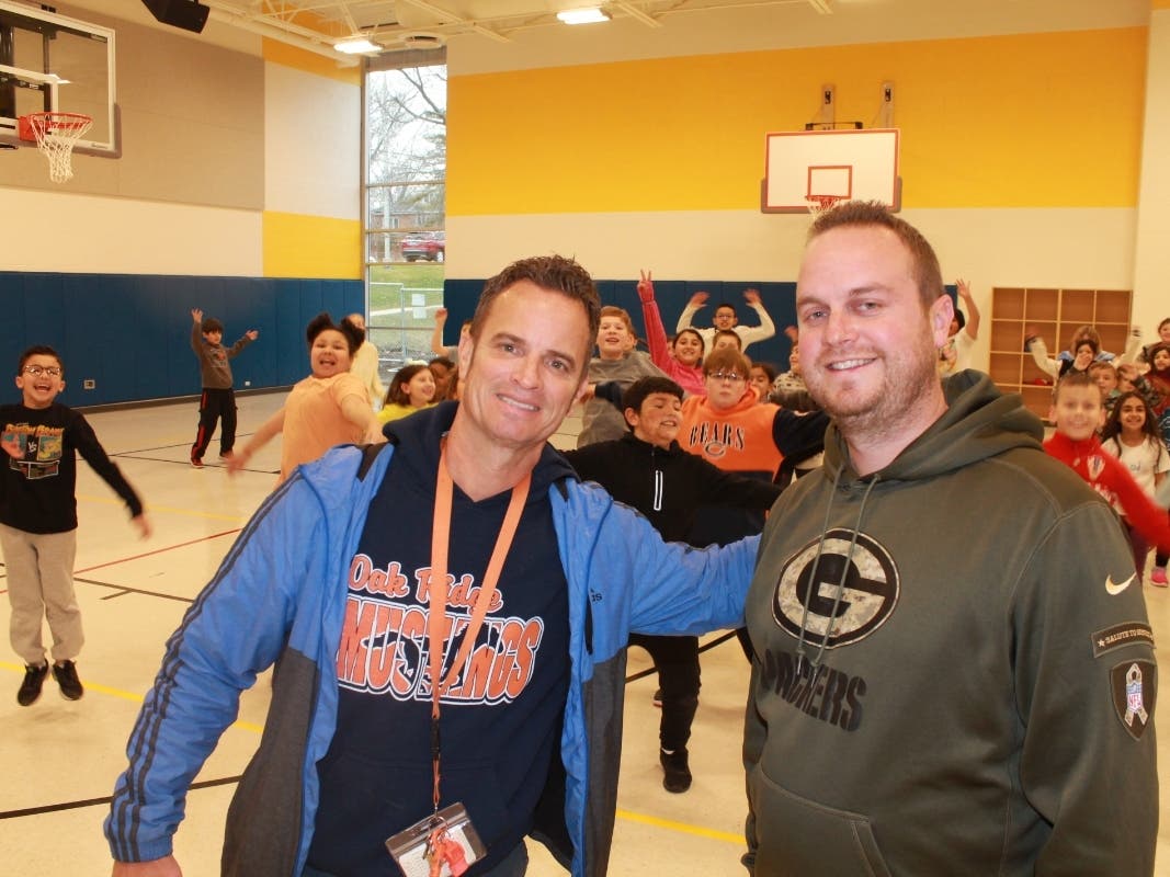 (Left to right) Oak Ridge PE teachers Kenn Gesiakowski and Jonathan Towner rave about the expanded gymnasium.