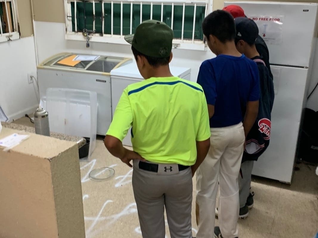 Players survey the damage caused by vandals at the Culver Marina Little League facility in Marina del Rey, Calif., on Sept. 27, 2019.