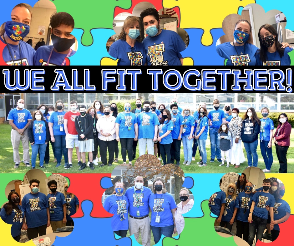 Farmingdale High School students and staff show off their “Dalers We All Fit Together” t-shirts.