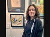 Farmingdale High School advanced placement art student Kira Moscoso with her work The Tools for Expression. This oil on canvas work was featured on event media.
