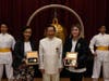 Dr. Hong, Tao-Tze, grandmaster of Tai Ji Men, center, is joined by Consul General Mabel Segura Fernández of Costa Rica in LA, left, and California Senator Ling Ling Chang, right, after they rang the Bell of World Peace and Love and made wishes for peace.