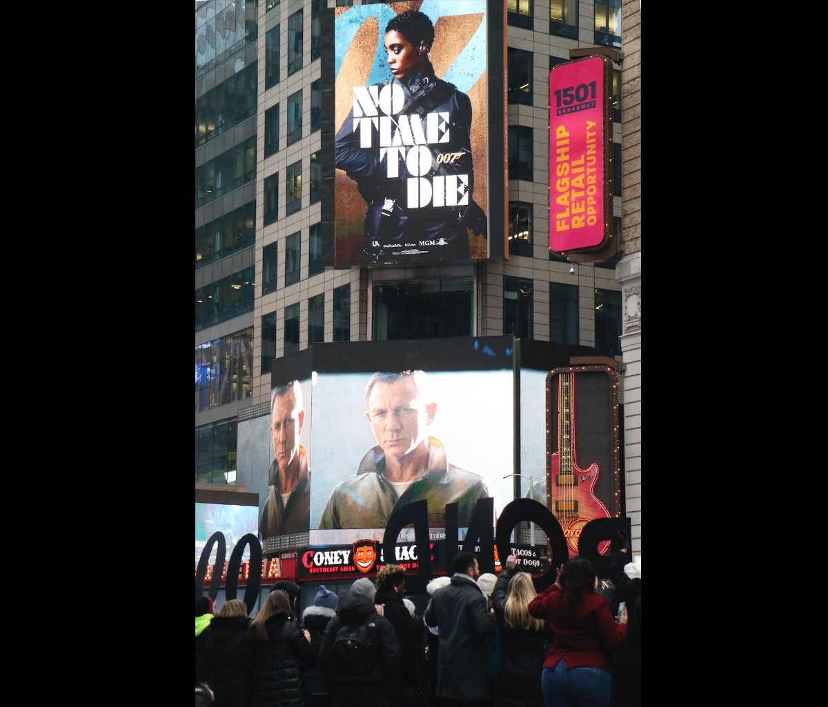 Times Square Celebrates James Bond's 'No Time To Die' Trailer Debut in December, but the film's release has been delayed due to the coronavirus.