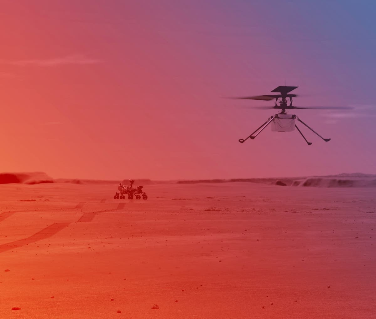 A rendering of the 4-pound helicopter named Ingenuity set to explore Mars.