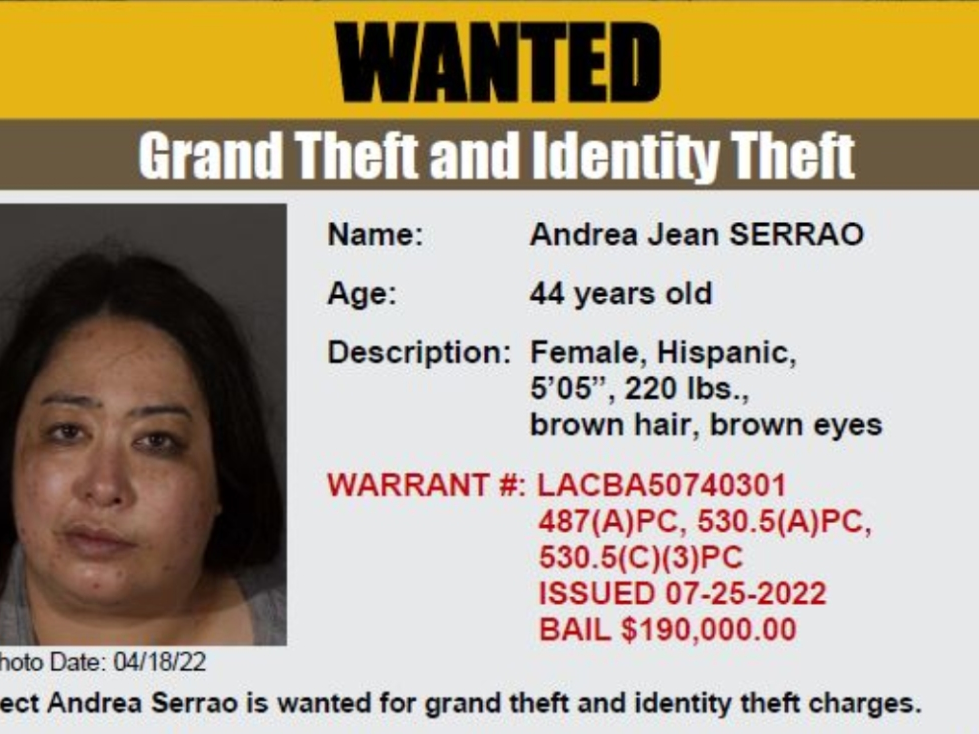Authorities Tuesday sought the public's help locating Andrea Jean Serrao suspected of grand theft and identity theft.