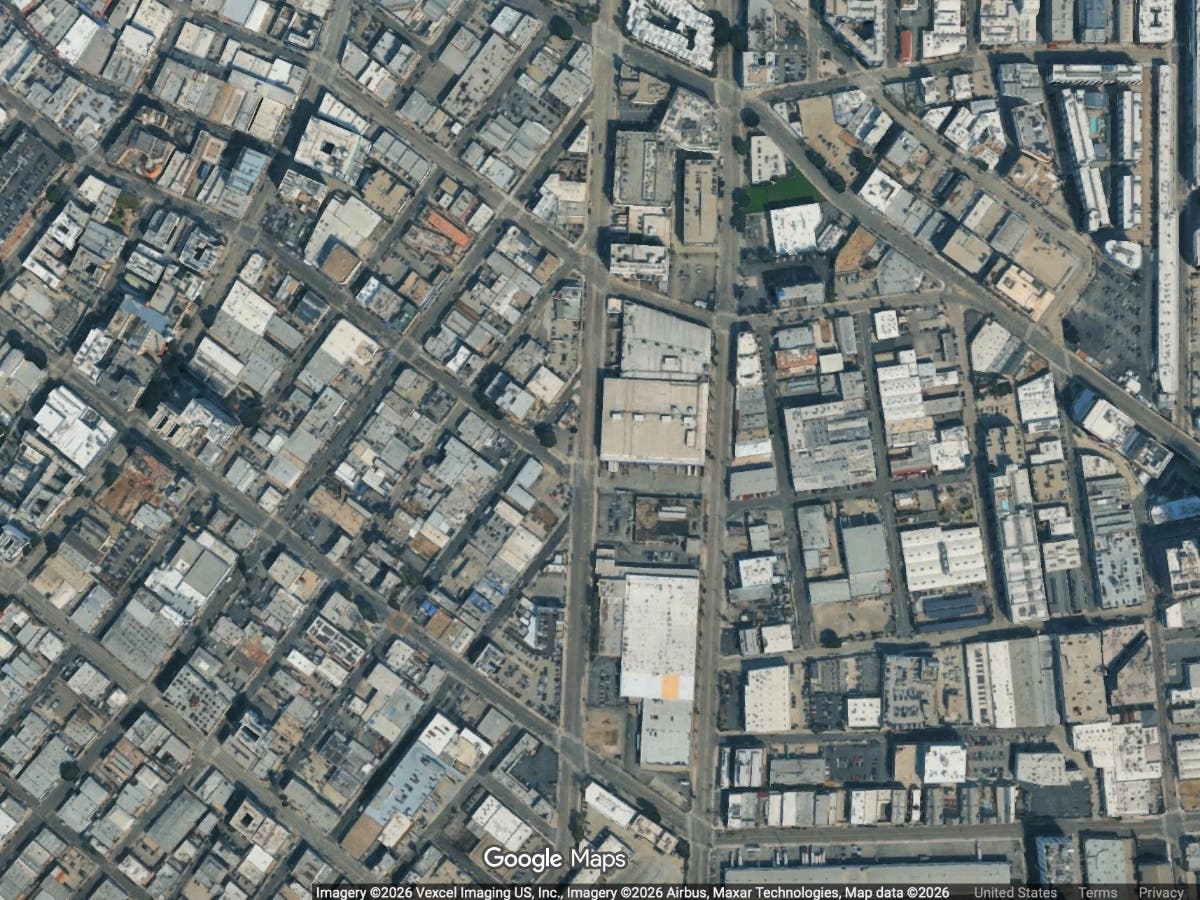Cold storage facilities, parking lots and warehouses are currently at the site, center.