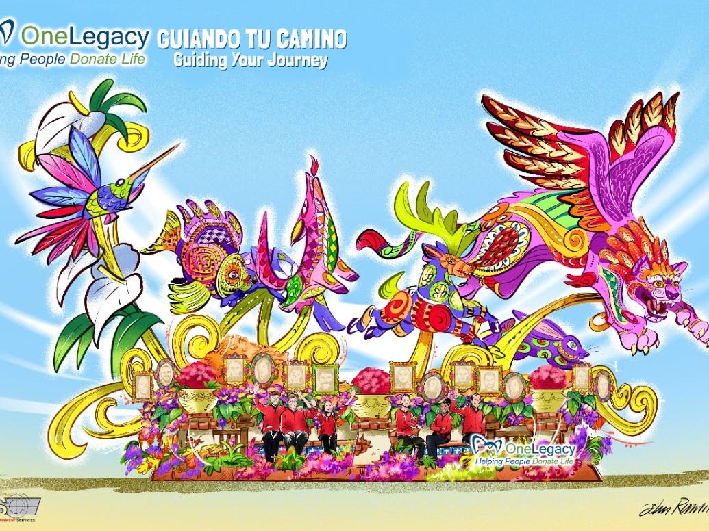 The OneLegacy Donate Life float, "Guiding Your Journey," features brightly colored fantastical creatures, including a hummingbird and a large winged creature, above a floral platform carrying several people.