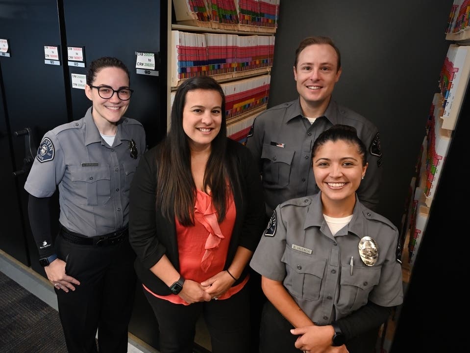 The Tustin Police Records Department, from left, Jessica Vercelli, police records specialist; Connie Attard, records supervisor; Kevin Rust, records lead; and Becky Valencia, police records specialist.