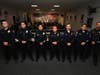 Santa Ana Police Marine veterans on hand for the traditional Veterans Day cake cutting ceremony are officers, from left, Ethan Maietta, Johnny Peralta, Sgt. Mauricio Estrada, John Choi, Connor Ahearn, Cpl. Giovanni Tapia and Jonathan Chavez.