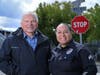 Former Anaheim Police Captain Joe Vargas with Los Angeles PD Officer Asunción Maribel Plascencia at the corner of Wren St. & Bluejay Ln. in Anaheim where Capt. Vargas inspired a then 8-year-old girl (Plascencia) to pursue a career in policing.