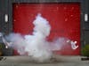 A watermelon is blown to pieces showing what 56 grams of flash powder in a skyrocket can do during an illegal fireworks demonstration at Orange City Fire Department headquarters. There was nothing left of the watermelon.