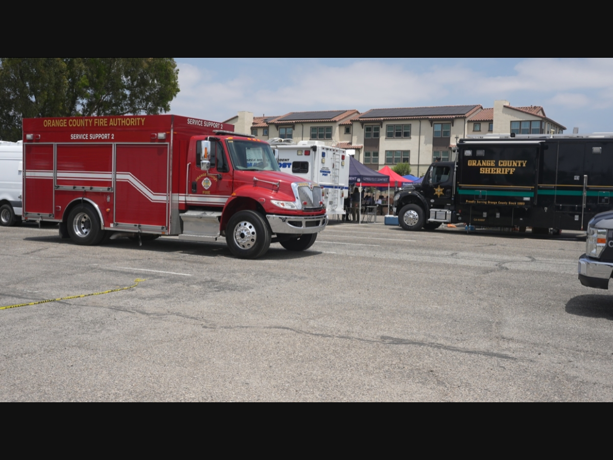 Emergency vehicles at the Incident Command Center during the Garden Grove Hazmat incident.