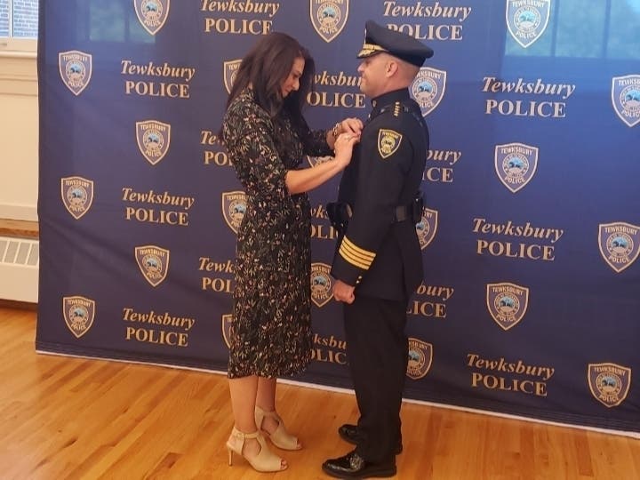 Ryan Columbus was sworn in as Tewksbury's new police chief, Friday, June 19, 2020.