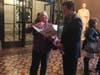 Kathy Wills speaks to Sen. James Scoufis at New York Advocacy Day in March 2019.