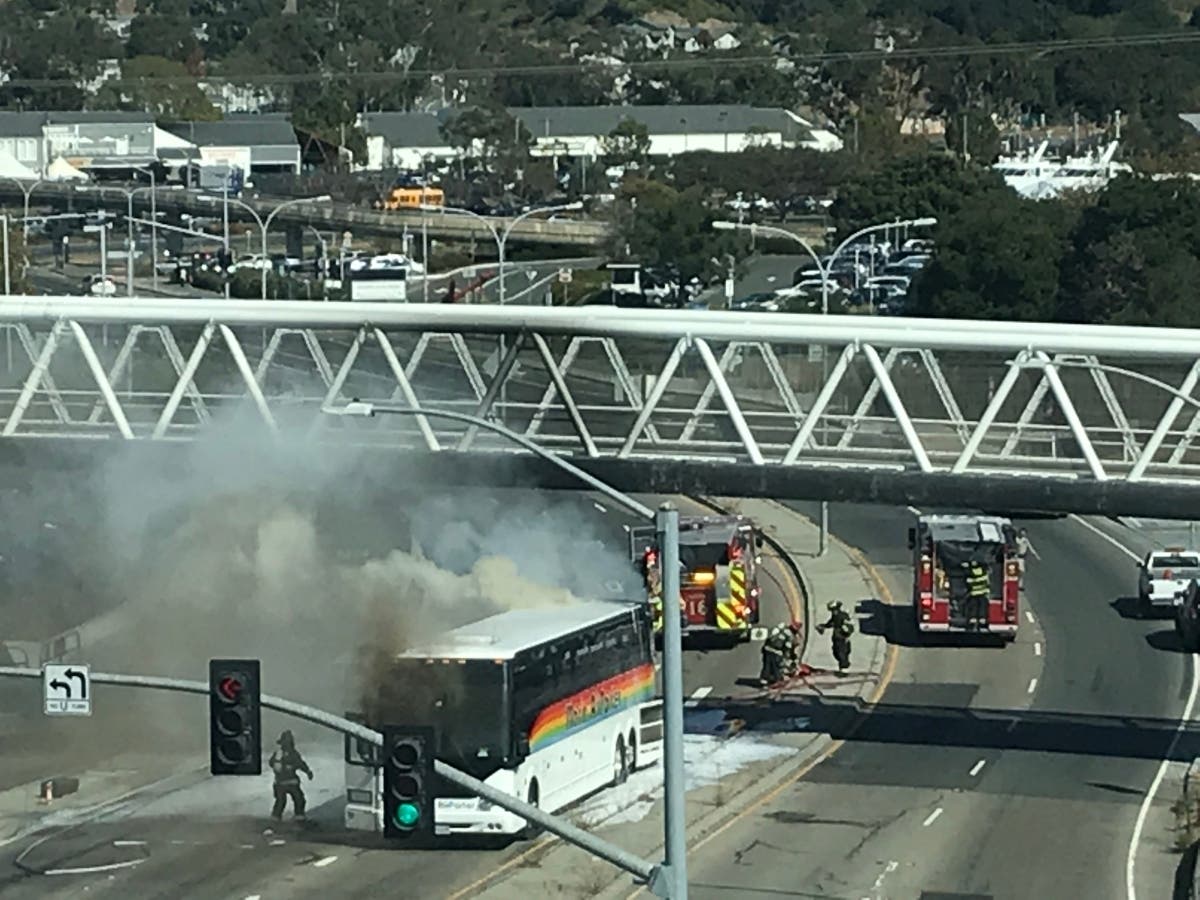 A bus was on fire Wednesday afternoon near Highway 101 in Larkspur.