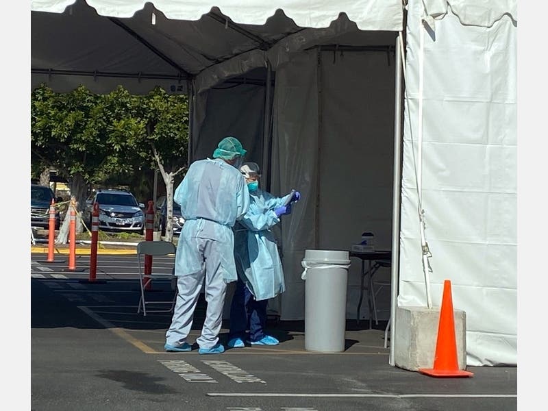 First responders work at Orange County testing center during the coronavirus pandemic, April 1, 2020.