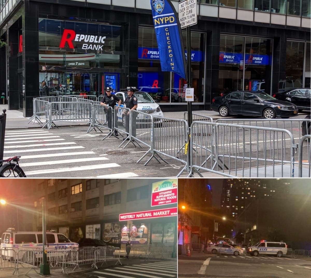 The NYPD's 17th precinct (top) and Midtown North (bottom) precincts have both been blocked off by barricades in recent weeks.