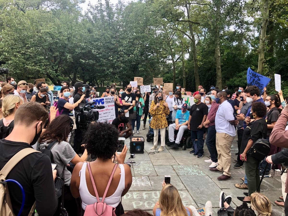 City Councilmember Helen Rosenthal speaks during a rally Sunday at Carl Schurz Park against the mayor's decision to transfer homeless residents from several city shelters.