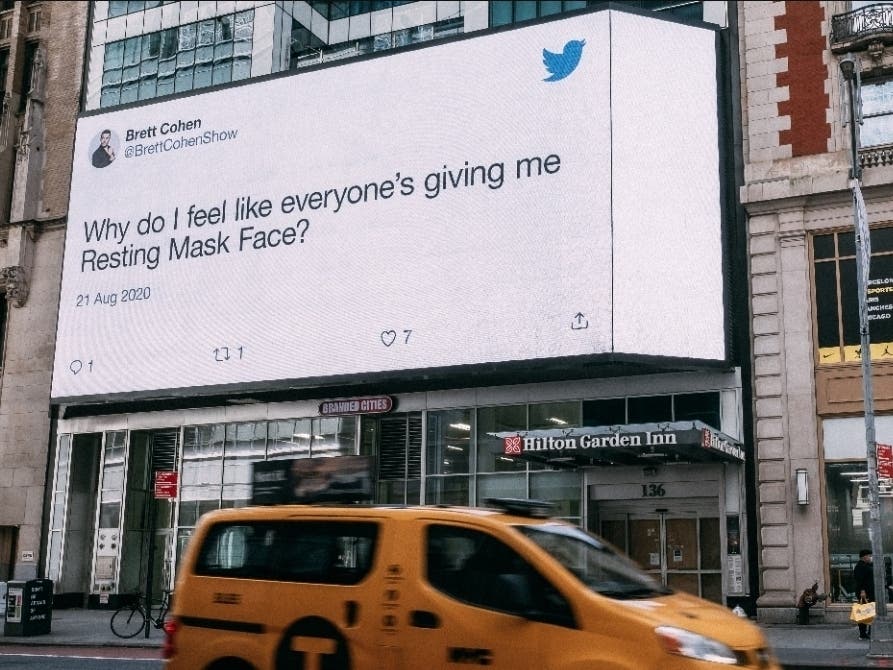 Twitter is partnering with the City of New York this week to create the murals and billboards, which feature blown-up versions of real tweets by users discussing face masks.