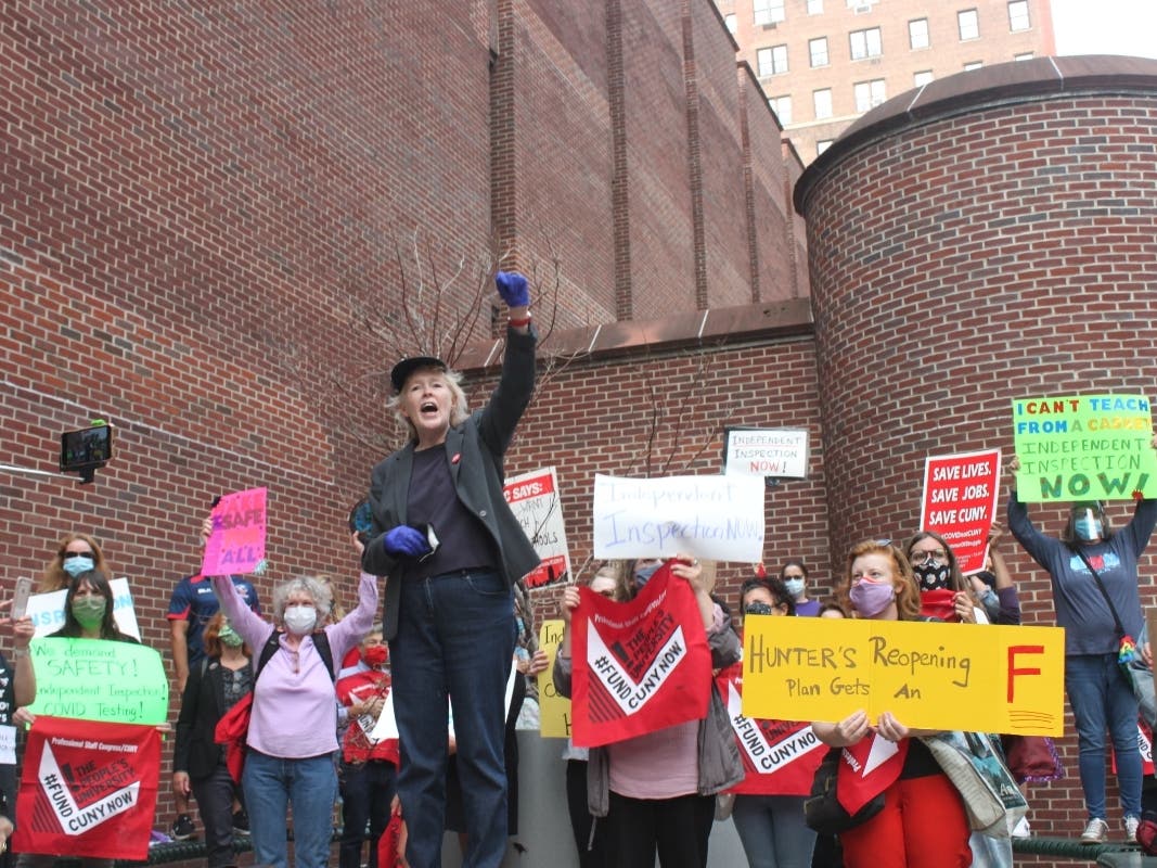 Barbara Bowen, chair of the CUNY Professional Staff Congress, speaks at a protest against the Hunter College Campus Schools' reopening plan, Sept. 16, 2020.