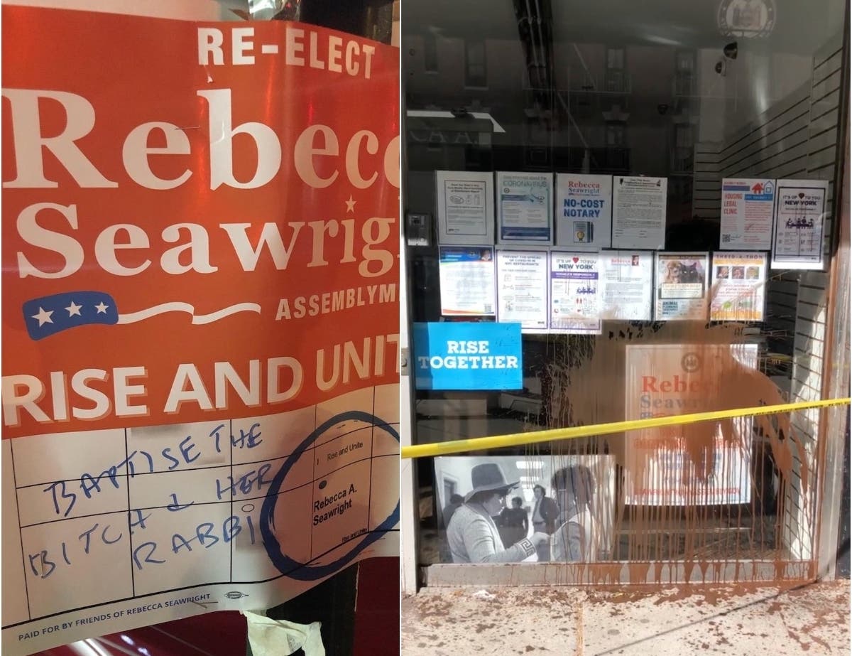 A campaign poster for Rebecca Seawright on York Avenue was vandalized Tuesday with misogynistic and anti-Semitic language, and her district office was found Thursday splashed with paint.