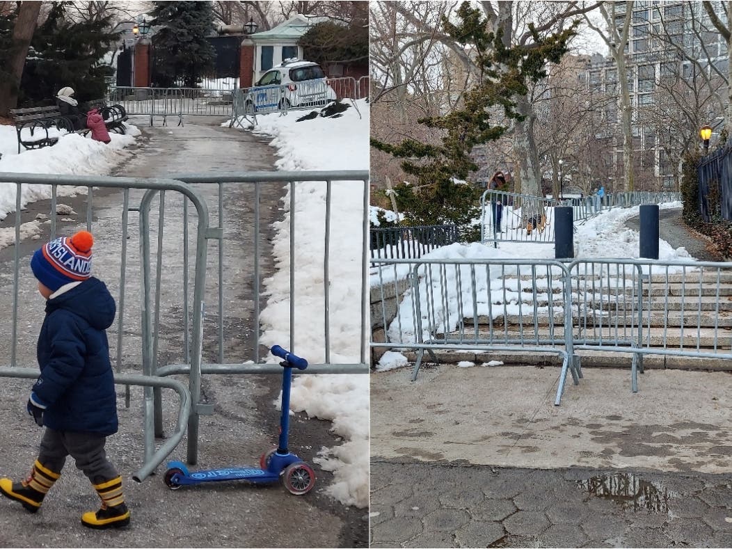 Barricades block a Carl Schurz Park pathway between East 88th and 90th Streets (left) and an entrance from the East River Esplanade (right).