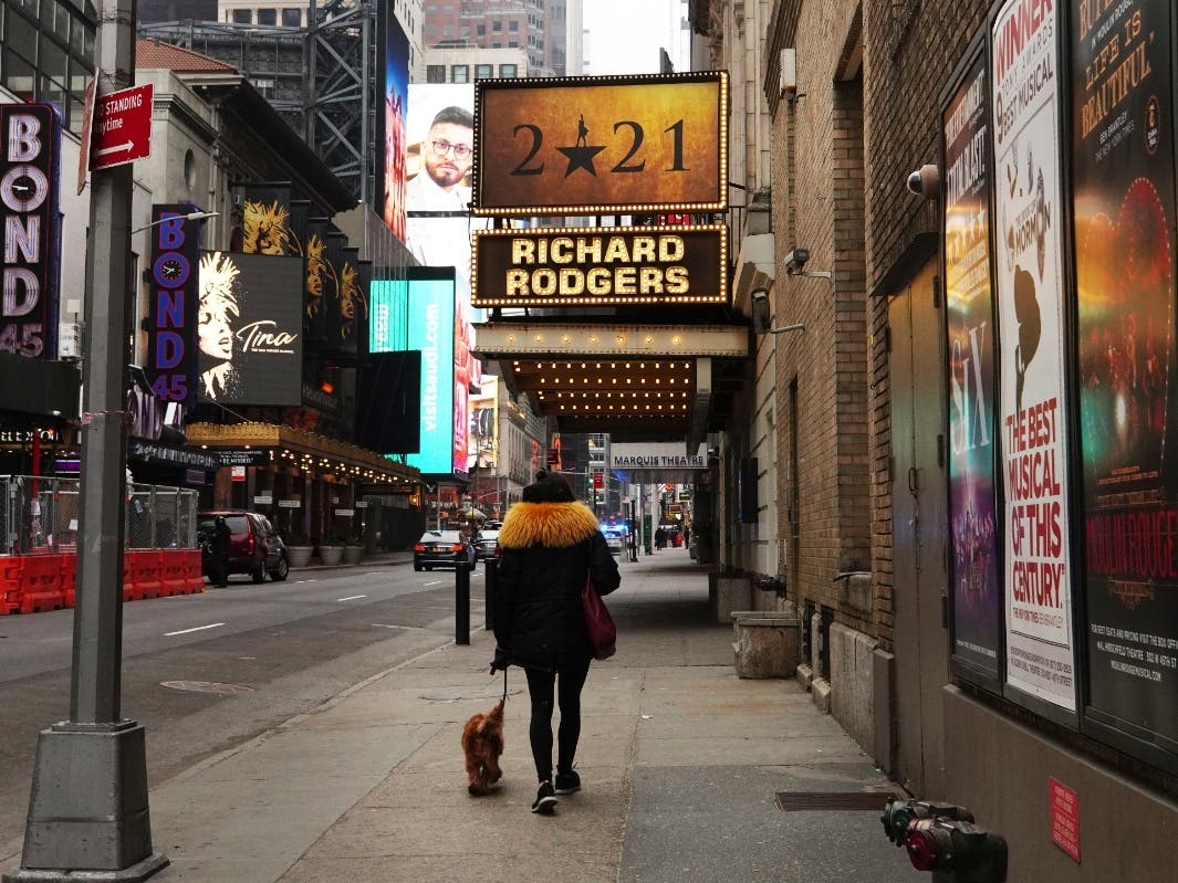 Hamilton at Richard Rodgers Theatre near Times Square remains closed following restrictions imposed to slow the spread of coronavirus on January 15, 2021 in New York City. 
