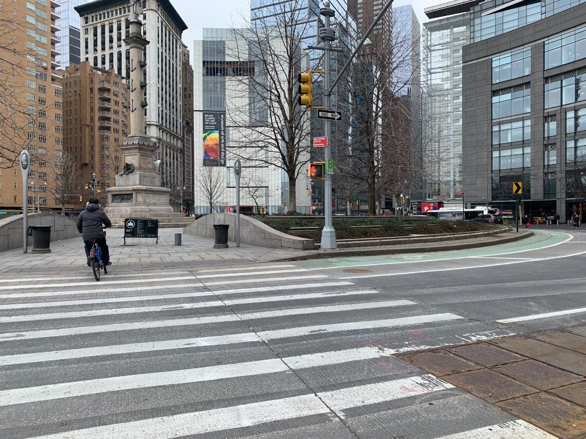 Neighbor Charlie Todd shared a photo Wednesday morning that showed that barricades had been taken down around Columbus Circle, as a cyclist rode his bicycle into the open space.