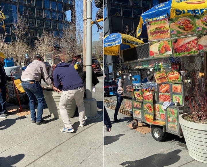 Longtime street vendors temporarily re-installed one of their carts Monday to protest their displacement from their longtime spot on West 33rd Street, between 10th and 11th avenues.