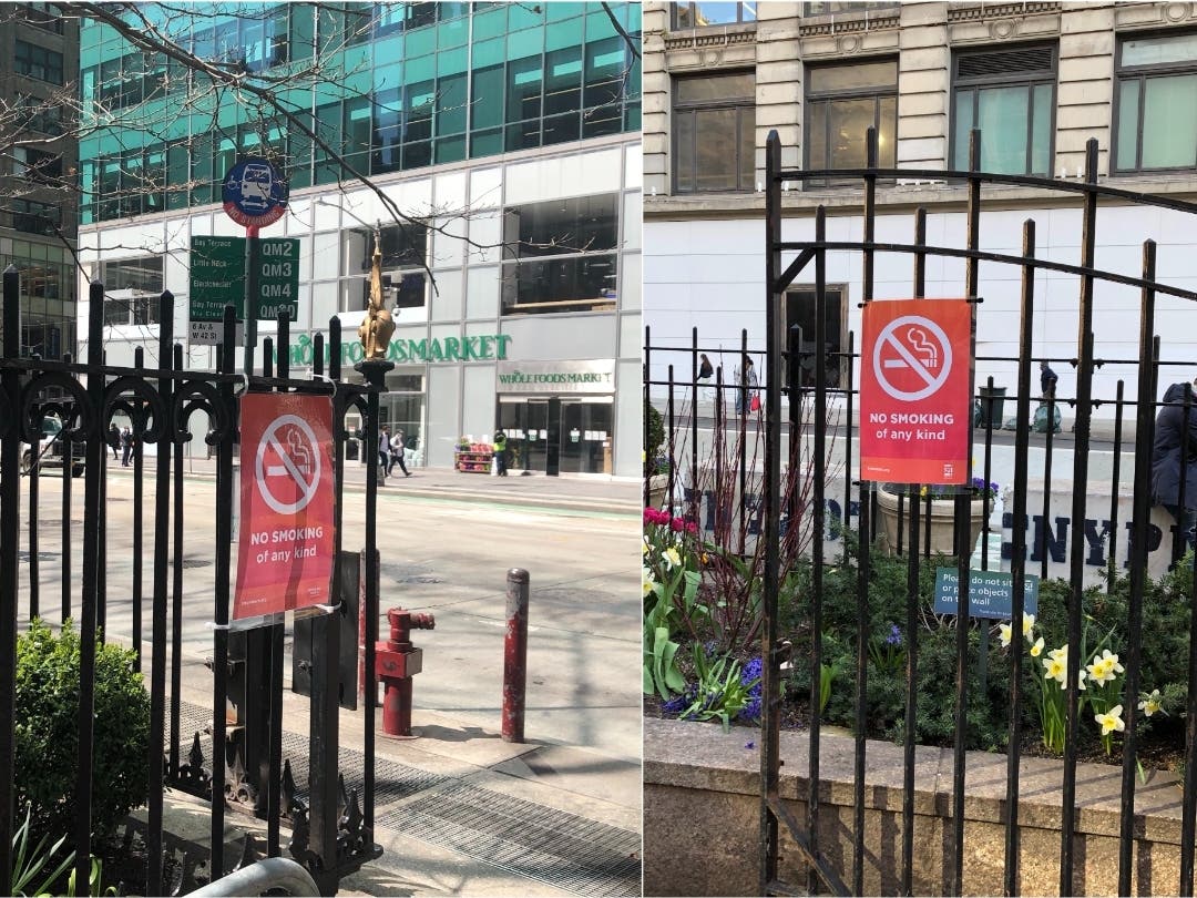 Signs reading "No Smoking of any kind" were posted this week in Bryant Park( Left) and Herald Square Park by the private groups that manage them, following last week's legalization law.