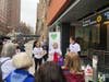 U.S. Rep. Carolyn Maloney (center) speaks alongside E72NA leaders Valerie Mason (left) and Cameron Koffman.